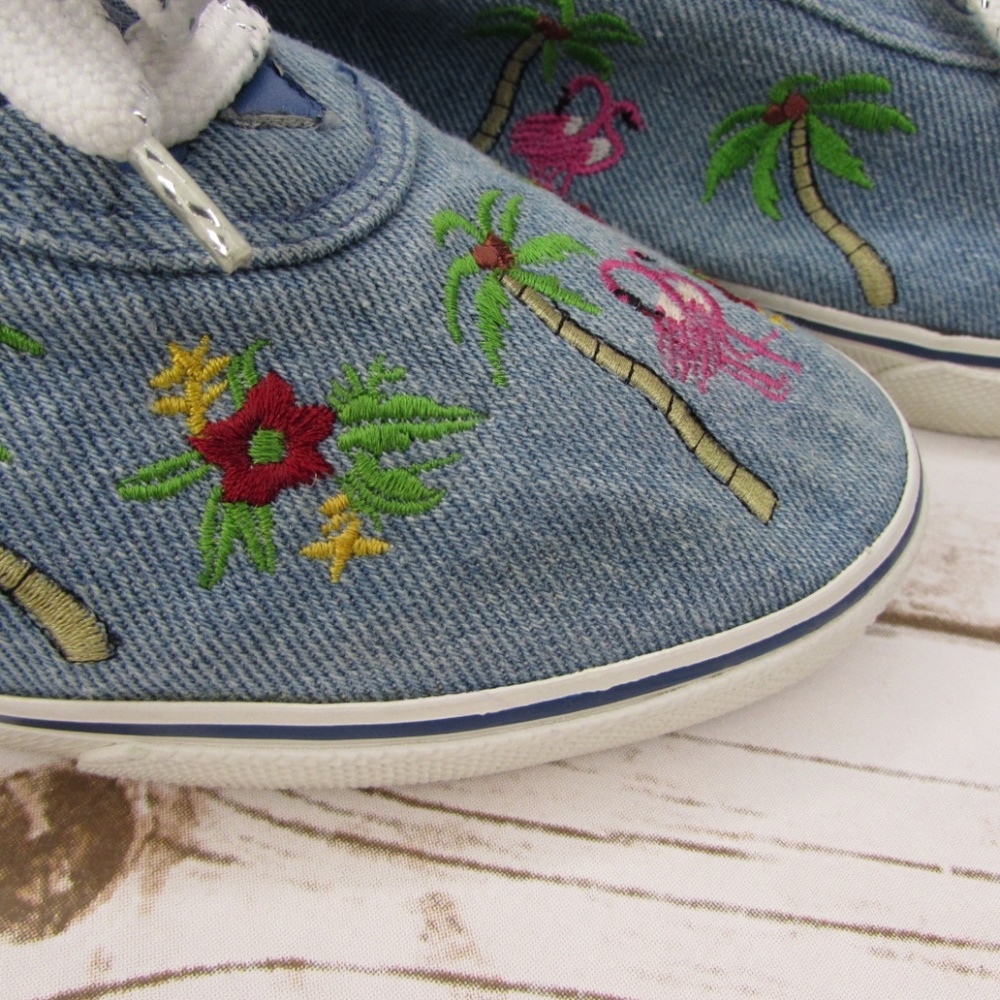 Denim Sneakers Embroidered Flamingos Palm Trees 8 Sebastino Casual Shoes - Picture 7 of 8